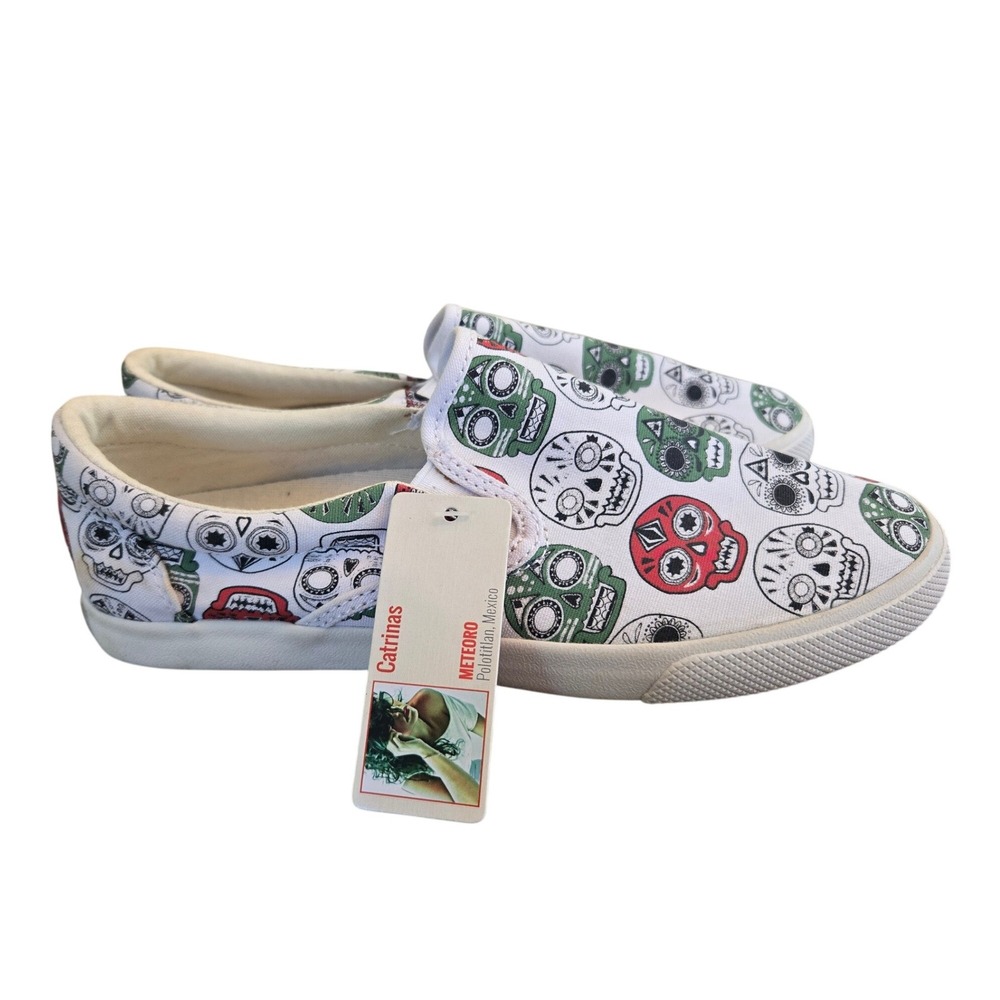 Bucketfeet Catrinas Slip On Sneakers Womens 6 White Sugar Skull NEW Meteoro